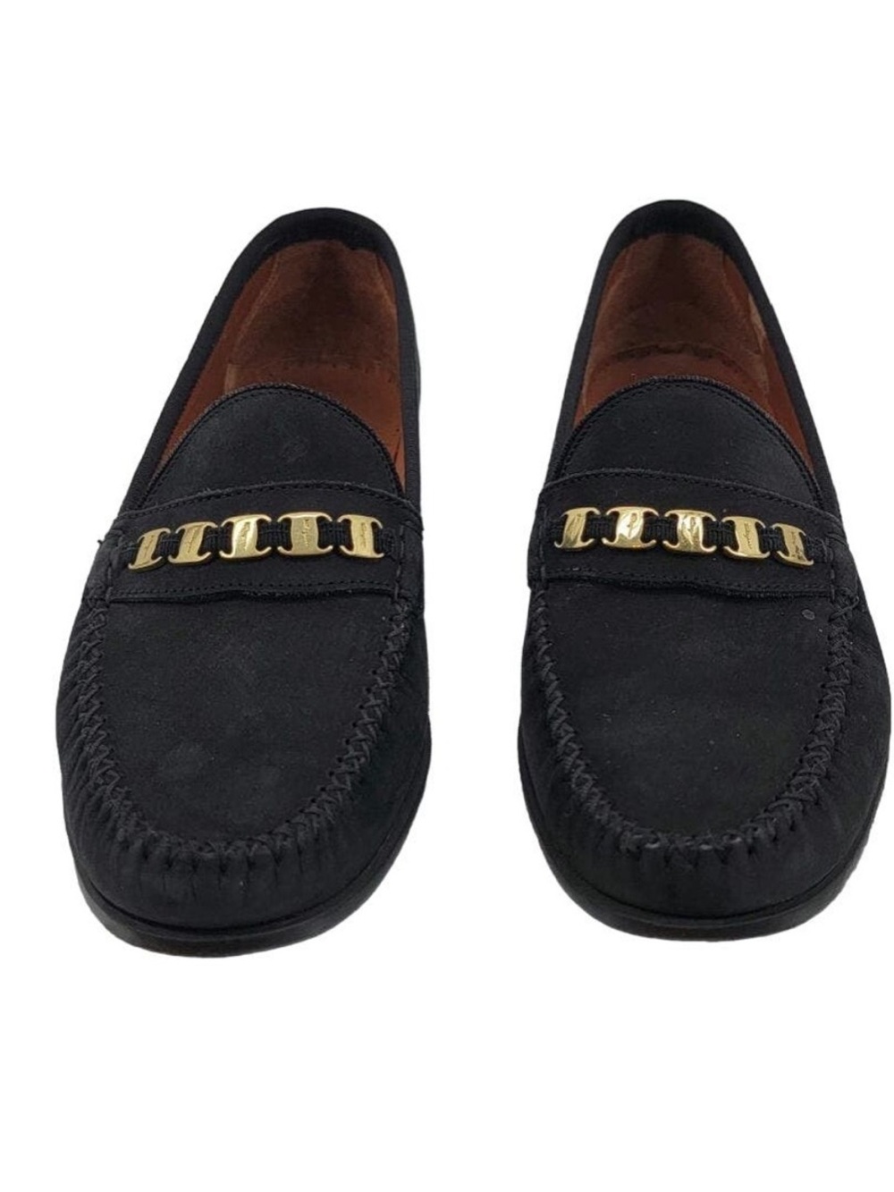Salvatore Ferragamo Black Suede Loafers with Gold Chain Logo Hardware Size 9.5